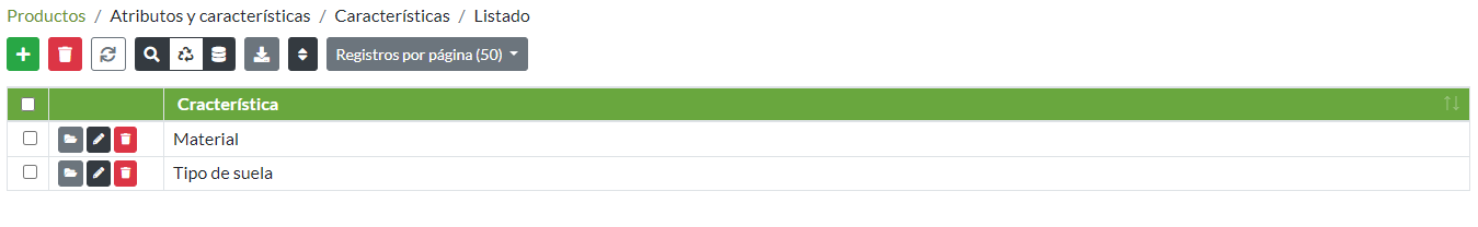 Listado de características