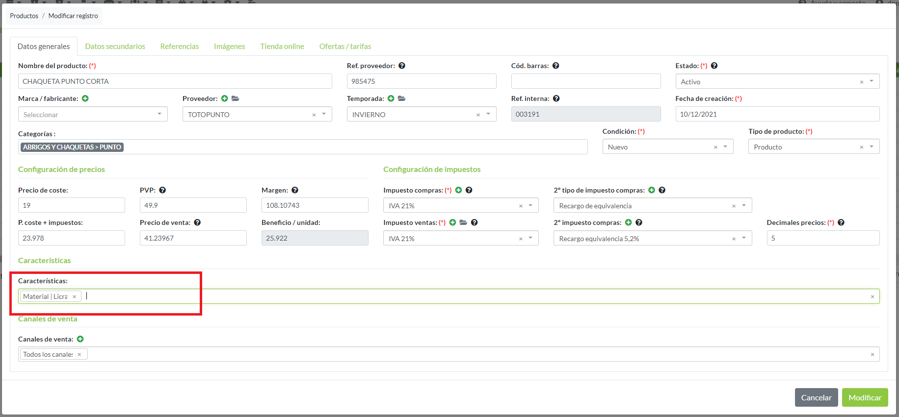 Características al crear un producto