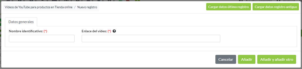 Registro conjunto de extras para productos en tienda online: Datos generales