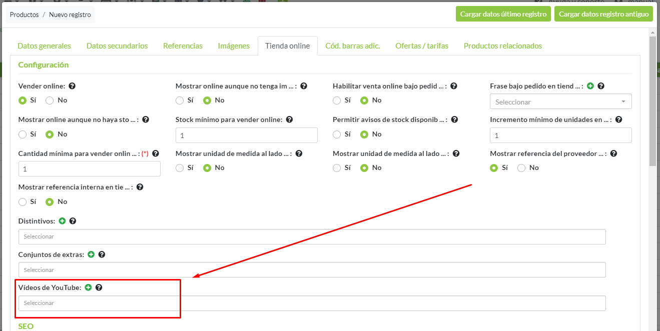 Registro conjunto de extras para productos en tienda online: Datos generales