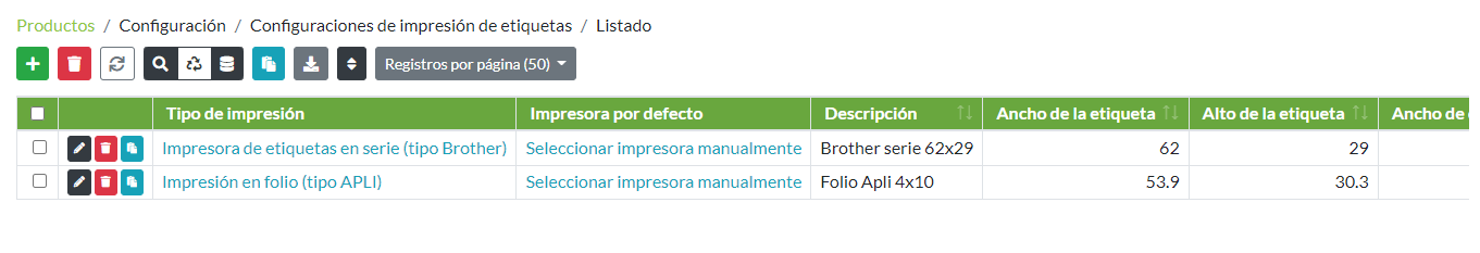 Listado de configuración de etiquetas