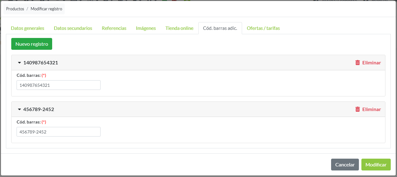 Códigos de barras adicionales