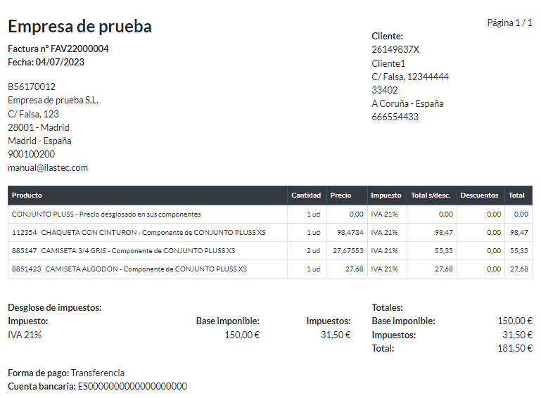 Pack de productos en una factura de venta