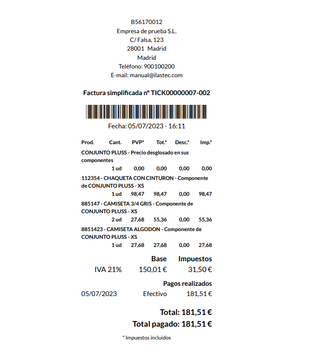 Pack de productos en una ticket impreso