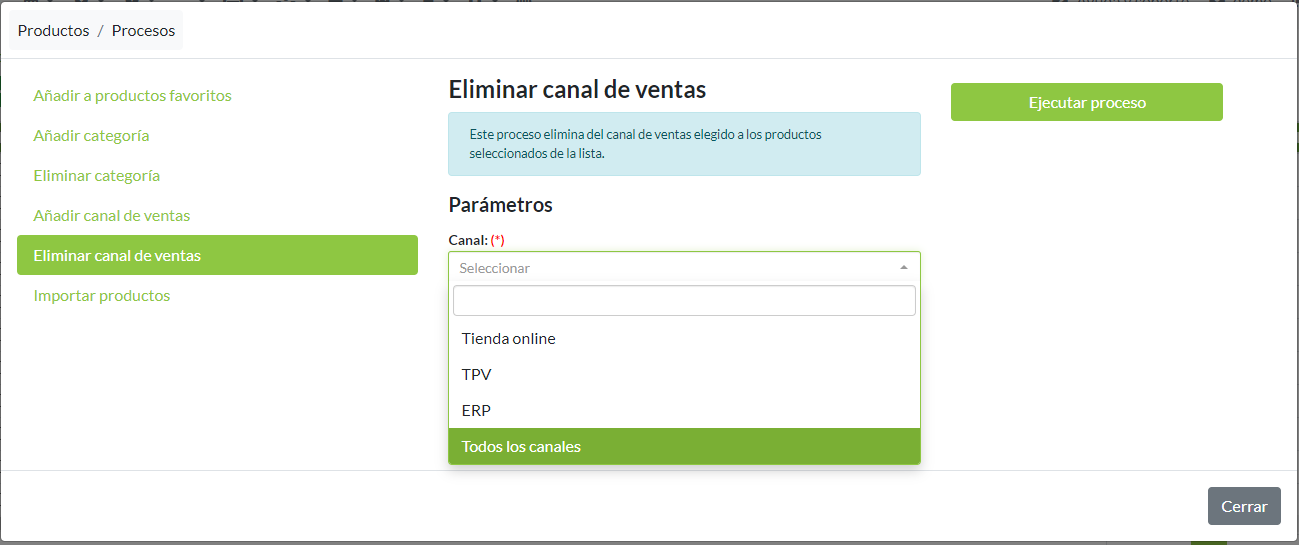 Eliminar canal de ventas