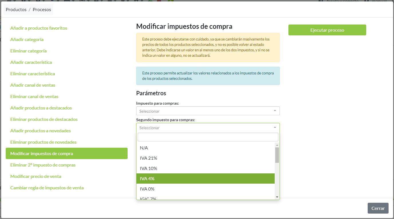 Modificar impuestos de compra