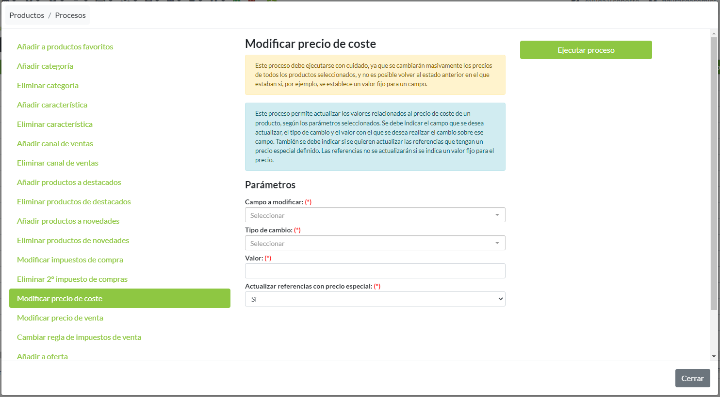 Proceso: Modificar precio de coste