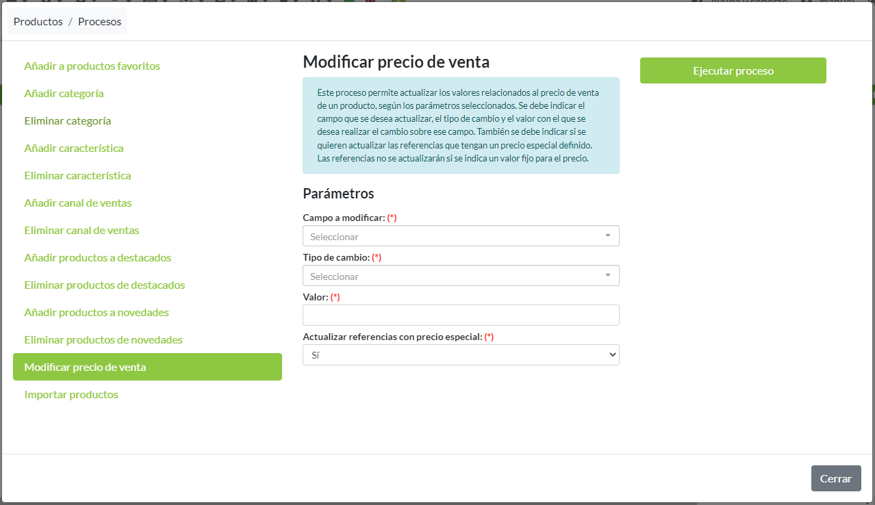 Proceso: Modificar precio de venta