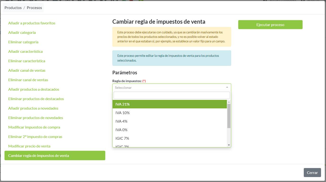 Proceso: Cambiar regla de impuestos de venta