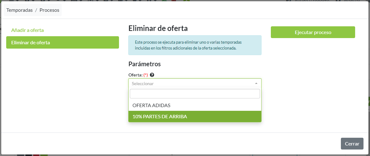 Proceso: Eliminar a ofertas (ejemplo desde Temporadas)