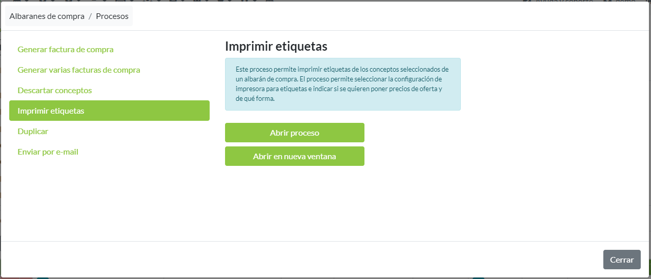 Imprimir etiquetas desde albarán / factura de compra