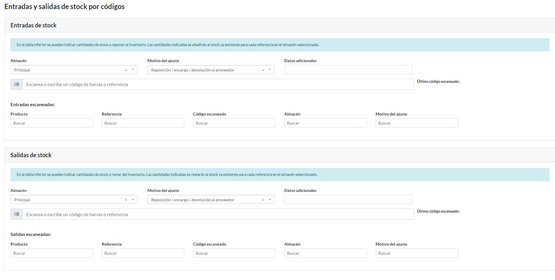 Proceso: Entradas y salidas de stock por códigos