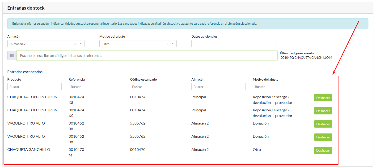 Tabla de movimientos registrados