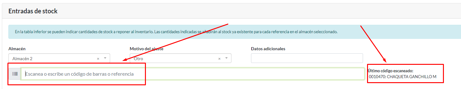 Campo para escaneo de código con detalle de último producto escaneado