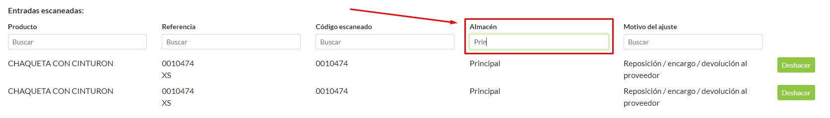 Campos para filtrar registros en tabla de movimientos. Ejemplo filtrando por un almacén