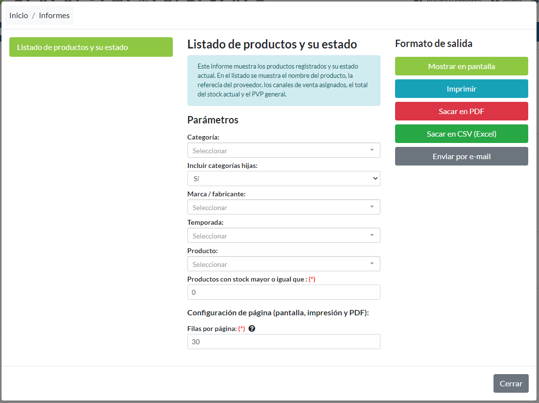 Listado de productos y su estado: Parámetros