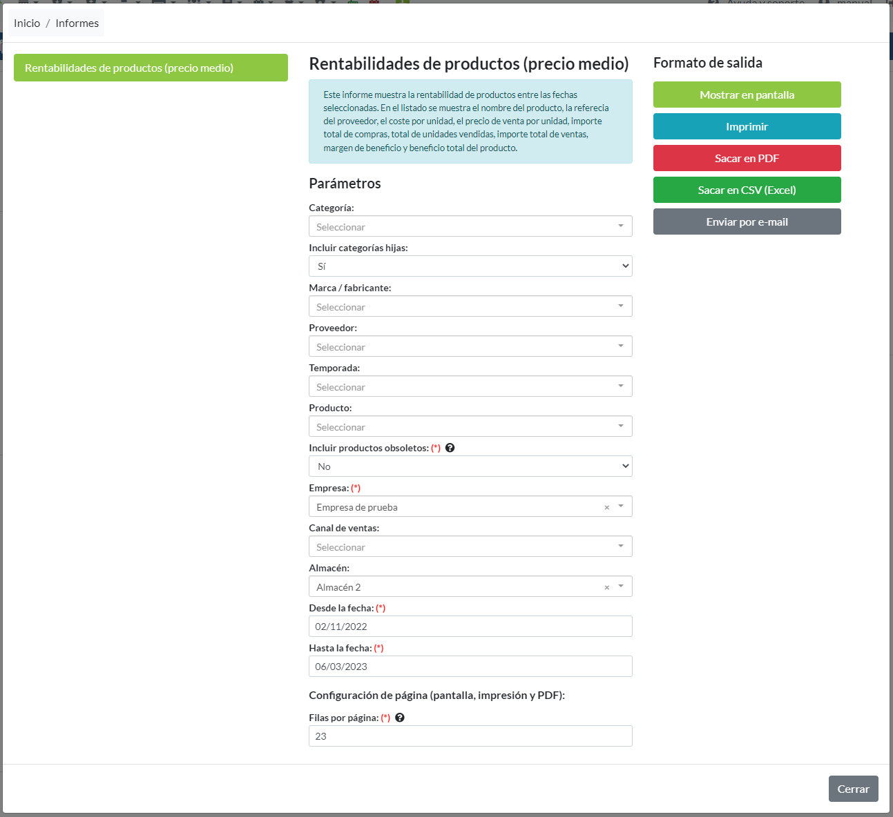 Rentabilidades de producto: Parámetros