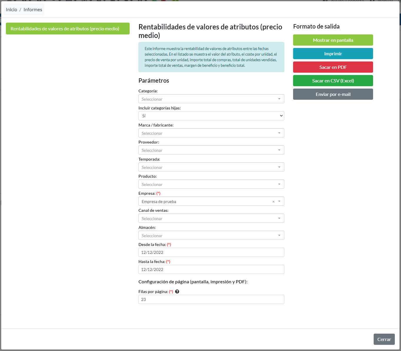 Rentabilidades de valores de atributos: Parámetros