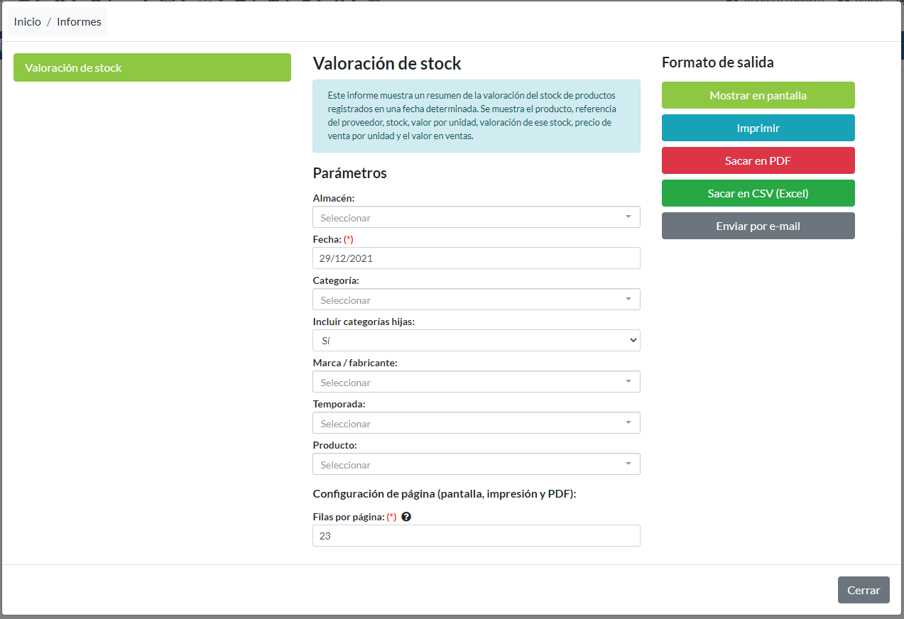 Valoración de stock: Parámetros
