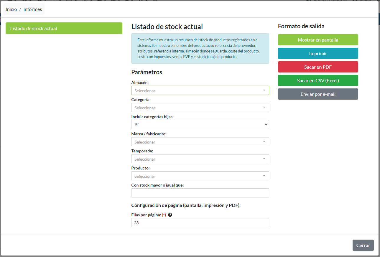 Listado de stock actual: Parámetros