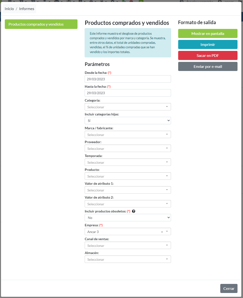 Productos comprados y vendidos: Parámetros
