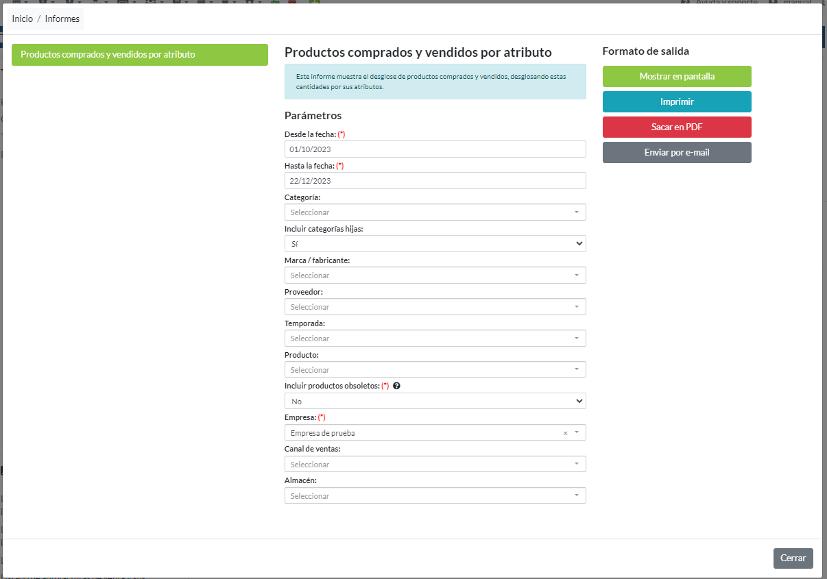 Productos comprados y vendidos por atributo: Informe