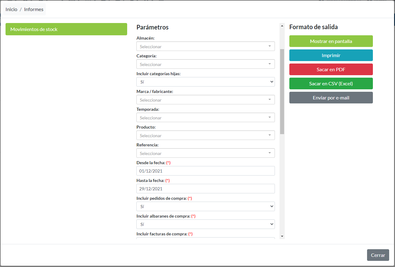 Movimientos de stock: Parámetros