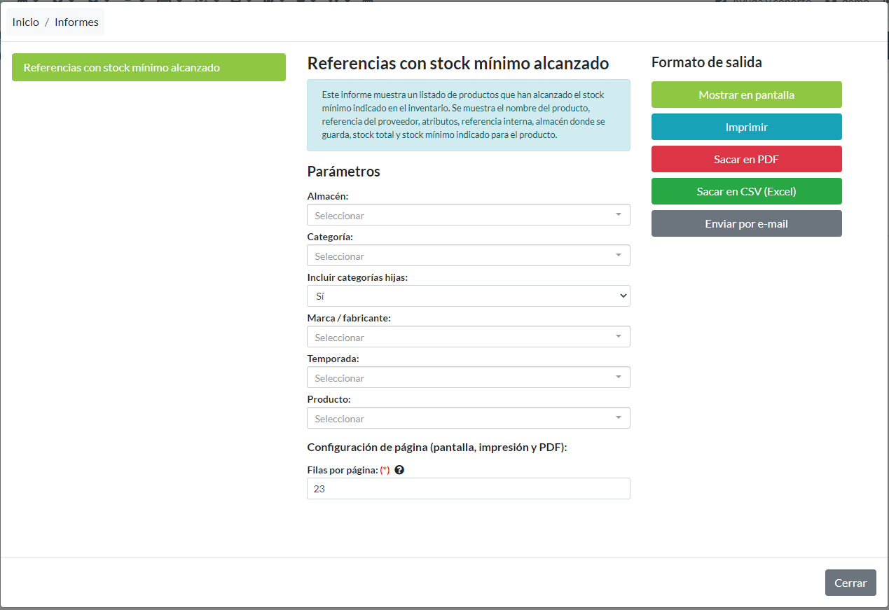 Referencias con stock mínimo alcanzado: Parámetros