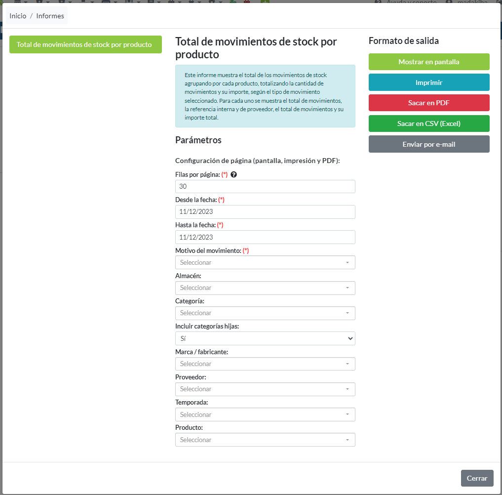 Total de movimientos de stock por producto: Parámetros