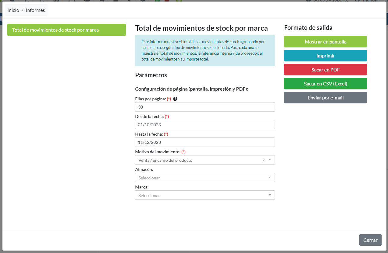 Total de movimientos de stock por marca: Parámetros