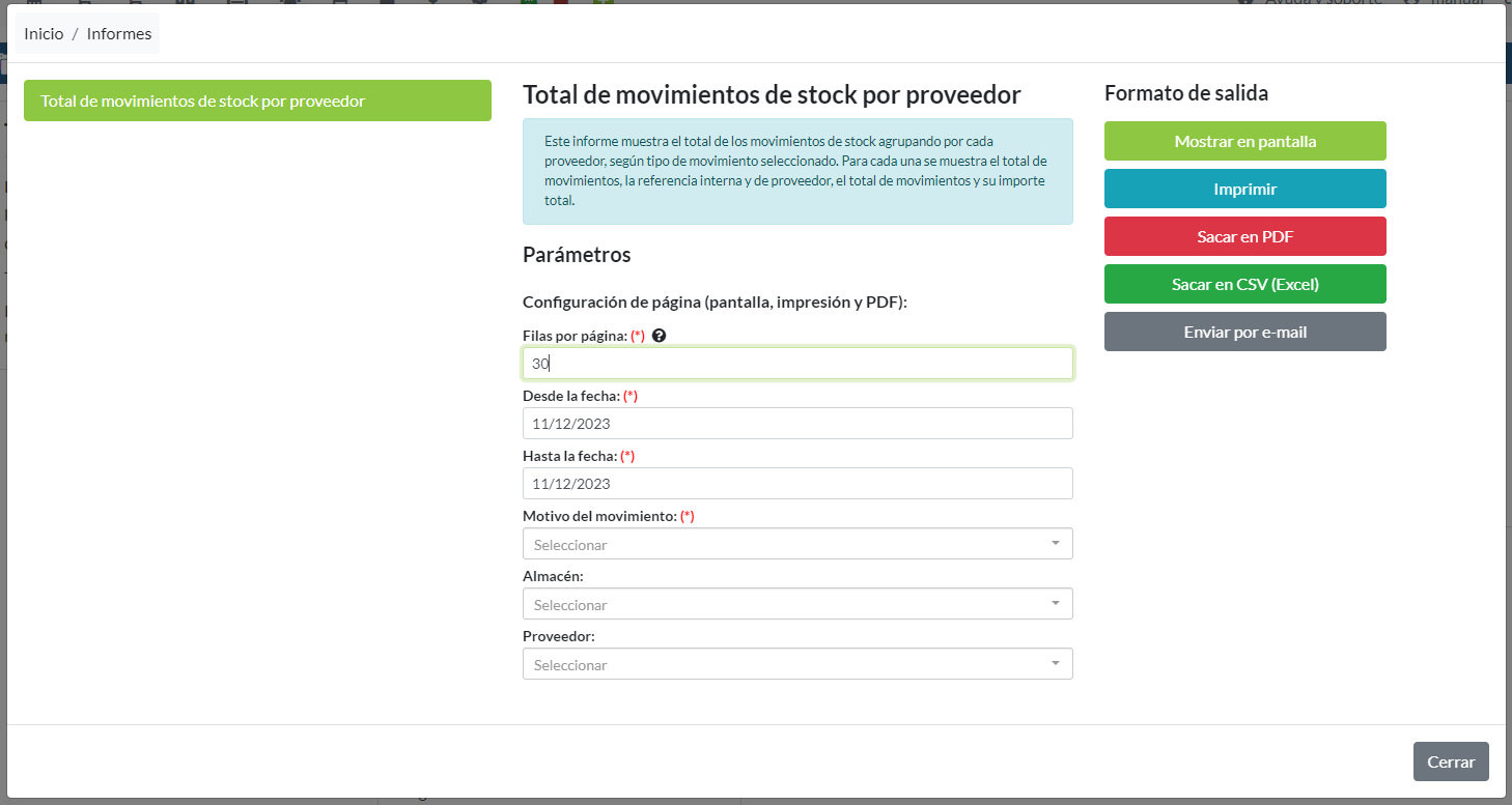 Total de movimientos de stock por proveedor: Parámetros