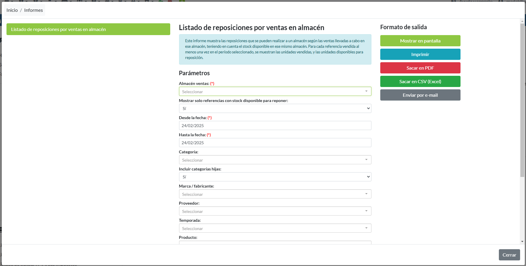 Listado de reposiciones por ventas en almacén: Parámetros
