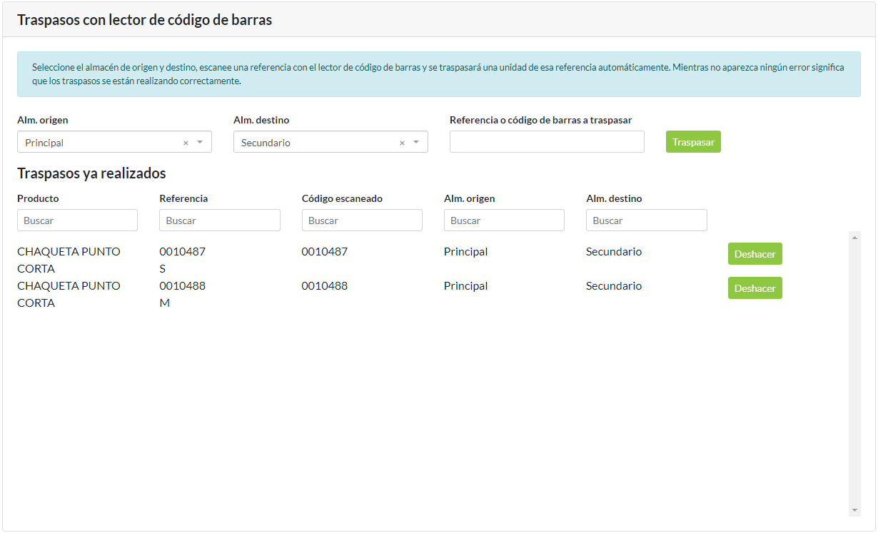 Traspaso con lector de códigos de barras