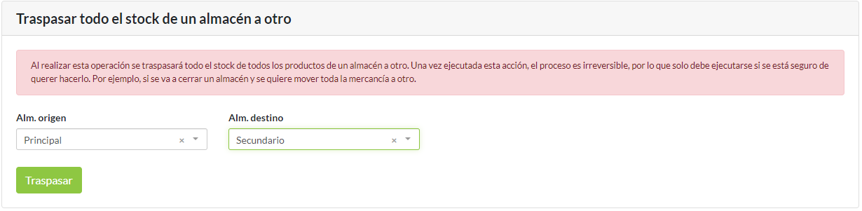 Traspasar todo el stock de un almacén a otro
