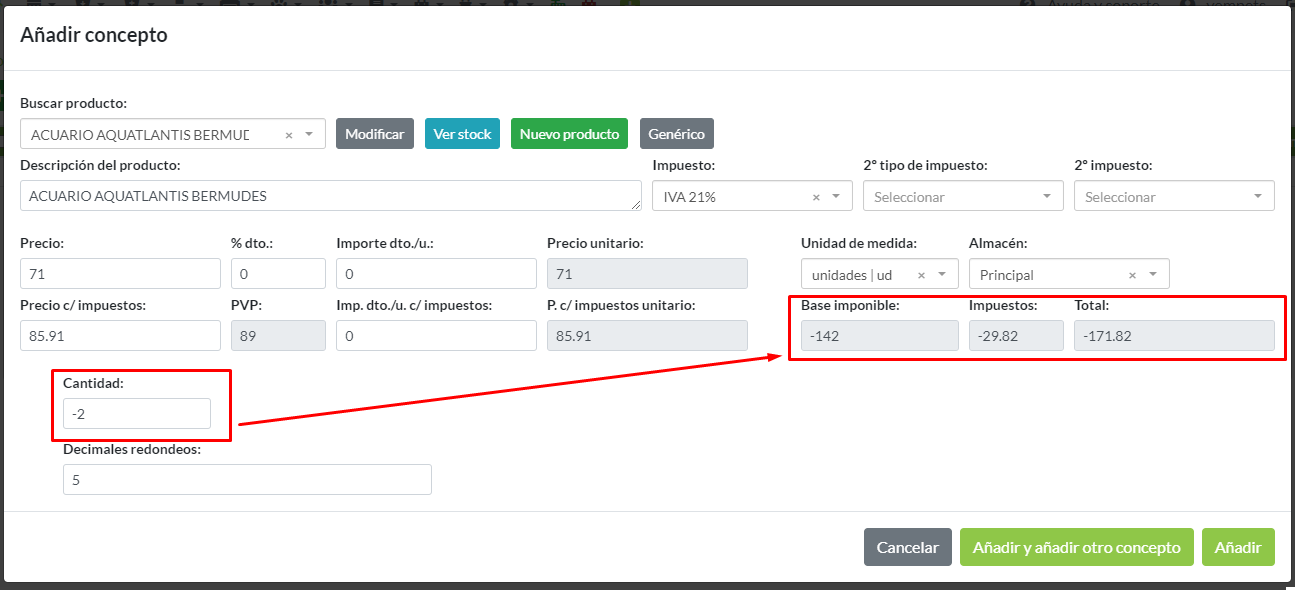 Pantalla de añadir concepto: Detalle de factura de abono.