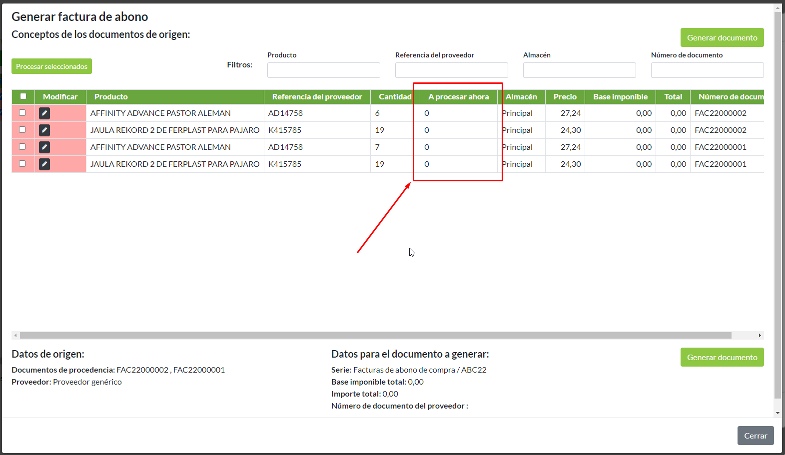 Proceso factura de abono: detalle de cantidades.