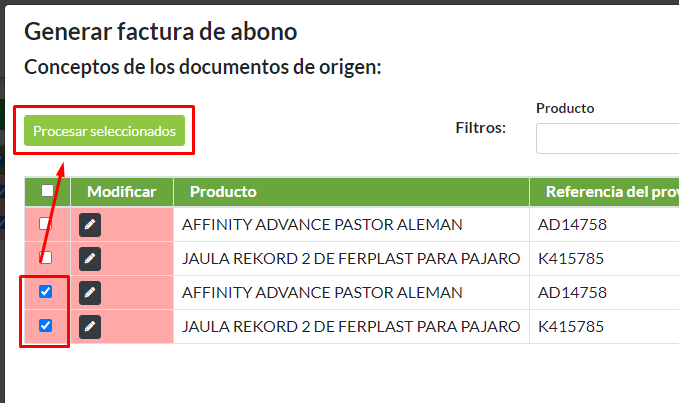 Proceso factura de abono: selección de concepto para procesar.