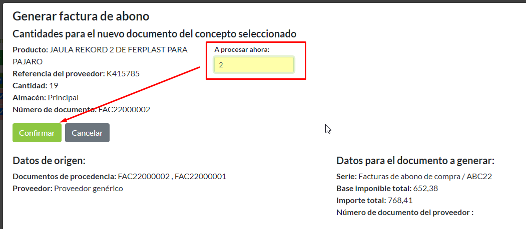 Proceso factura de abono: confirmación de cantidad para procesar un concepto parcialmente.