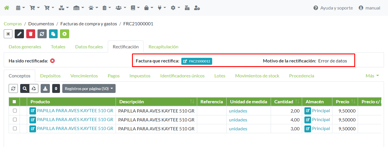 Ficha de factura rectificativa: detalle de factura que rectifica y motivo.