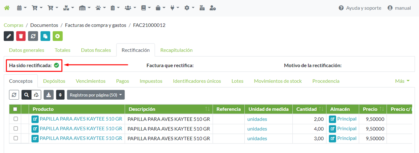 Ficha de factura: detalle de factura rectificada.