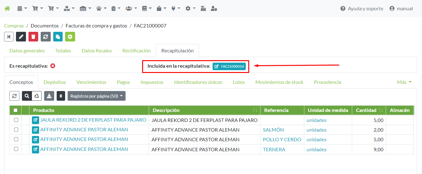 Ficha de factura: Detalle de factura recapitulativa donde se incluye.