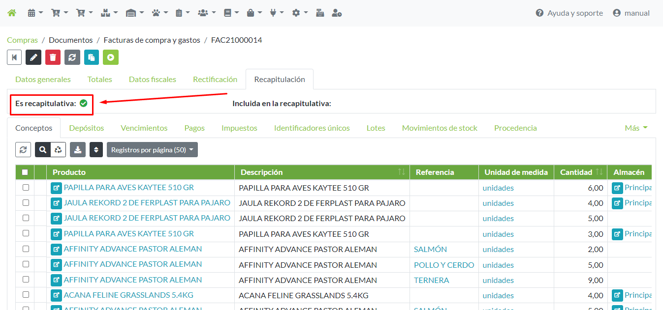 Ficha de factura: Detalle de factura recapitulativa.