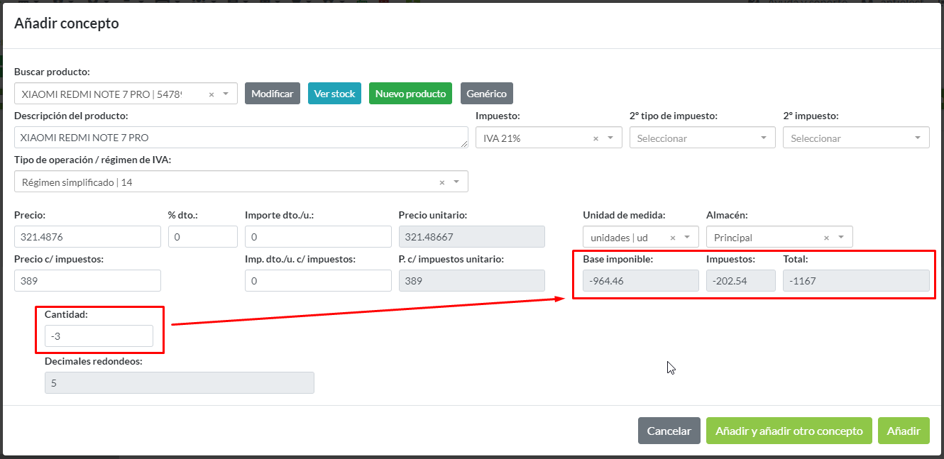 Pantalla de añadir concepto: Detalle de factura de abono.