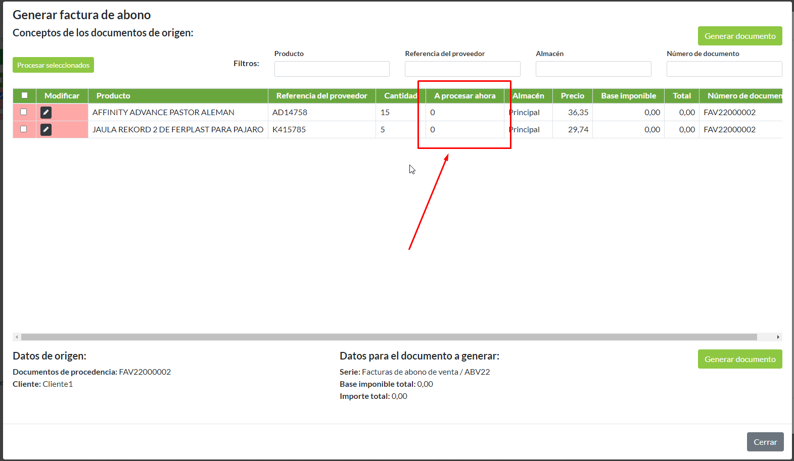 Proceso factura de abono: detalle de cantidades.