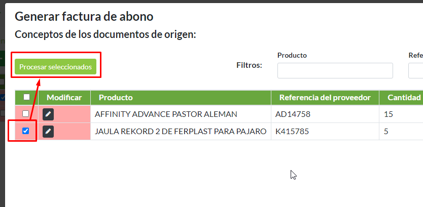 Proceso factura de abono: selección de concepto para procesar.