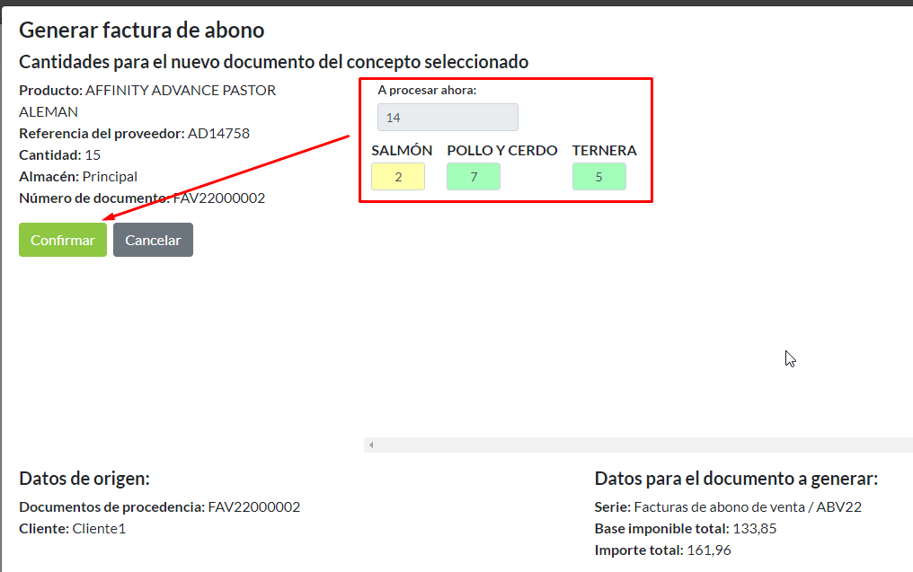 Proceso factura de abono: confirmación de cantidad para procesar un concepto parcialmente.