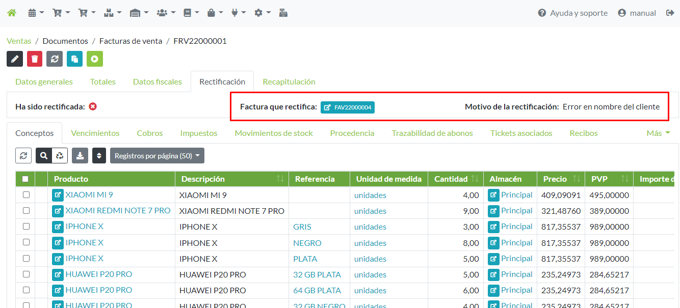 Ficha de factura rectificativa: detalle de factura que rectifica y motivo.