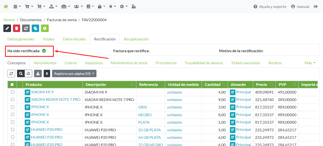 Ficha de factura: detalle de factura rectificada.