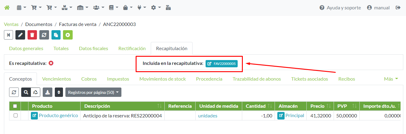 Ficha de factura: Detalle de factura recapitulativa donde se incluye.