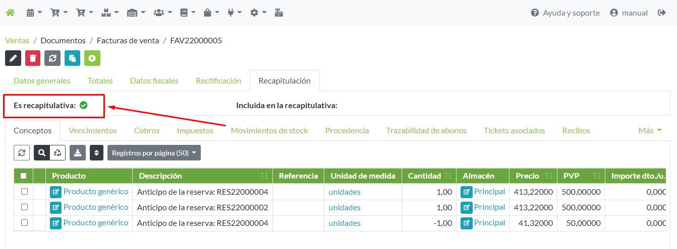 Ficha de factura: Detalle de factura recapitulativa.